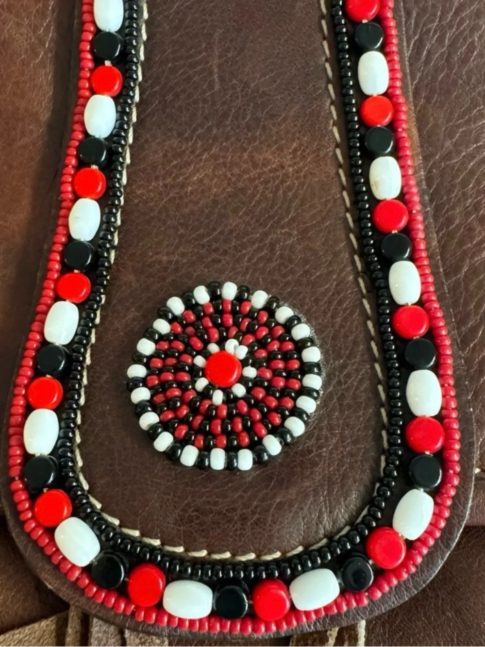 Pikolinos Boho Beaded Brown Leather Crossbody With Red/White/Black Beading